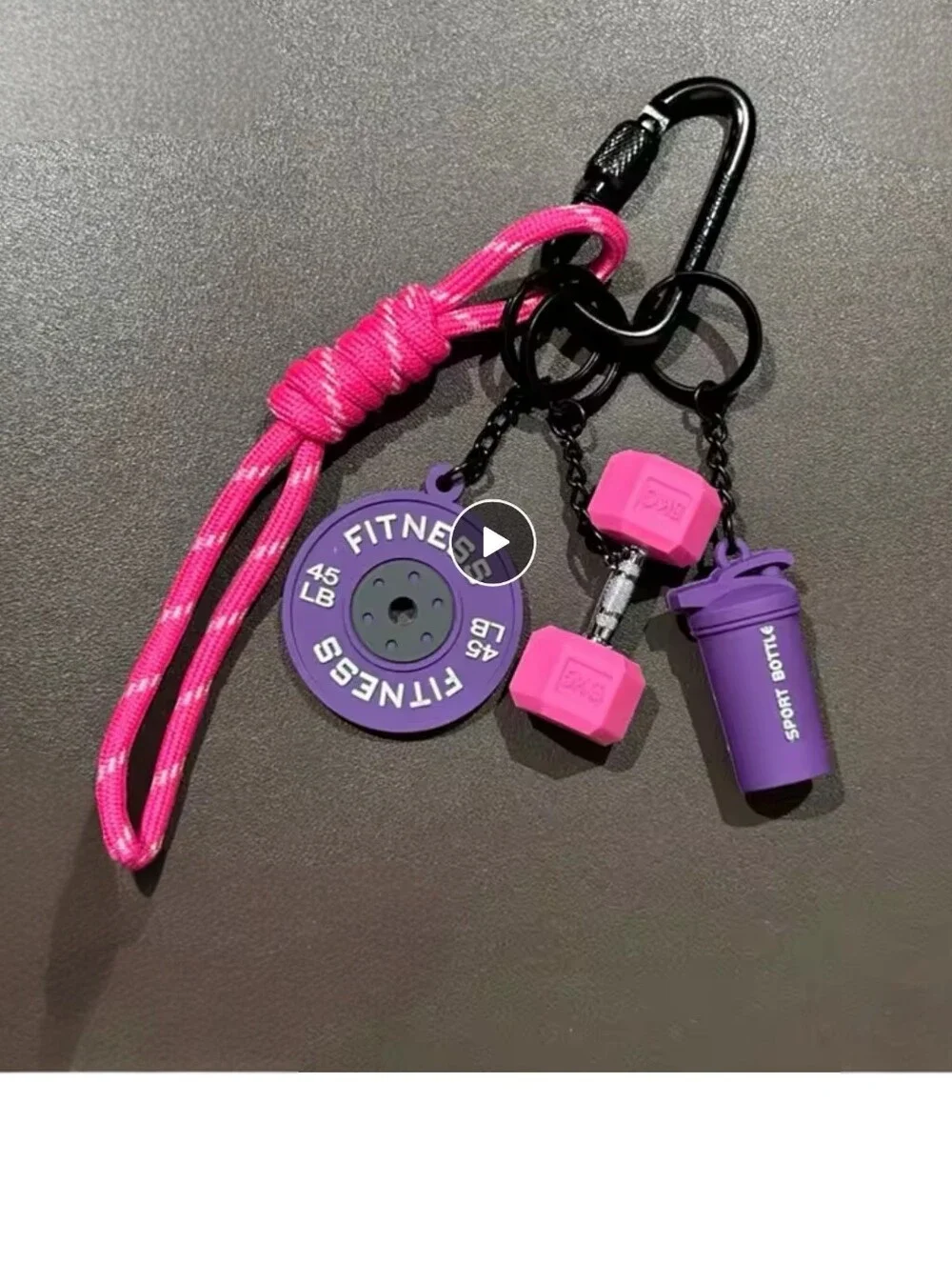 Pink & Purple Fitness Charm Keychain with Bottle and Dumbbell Charms